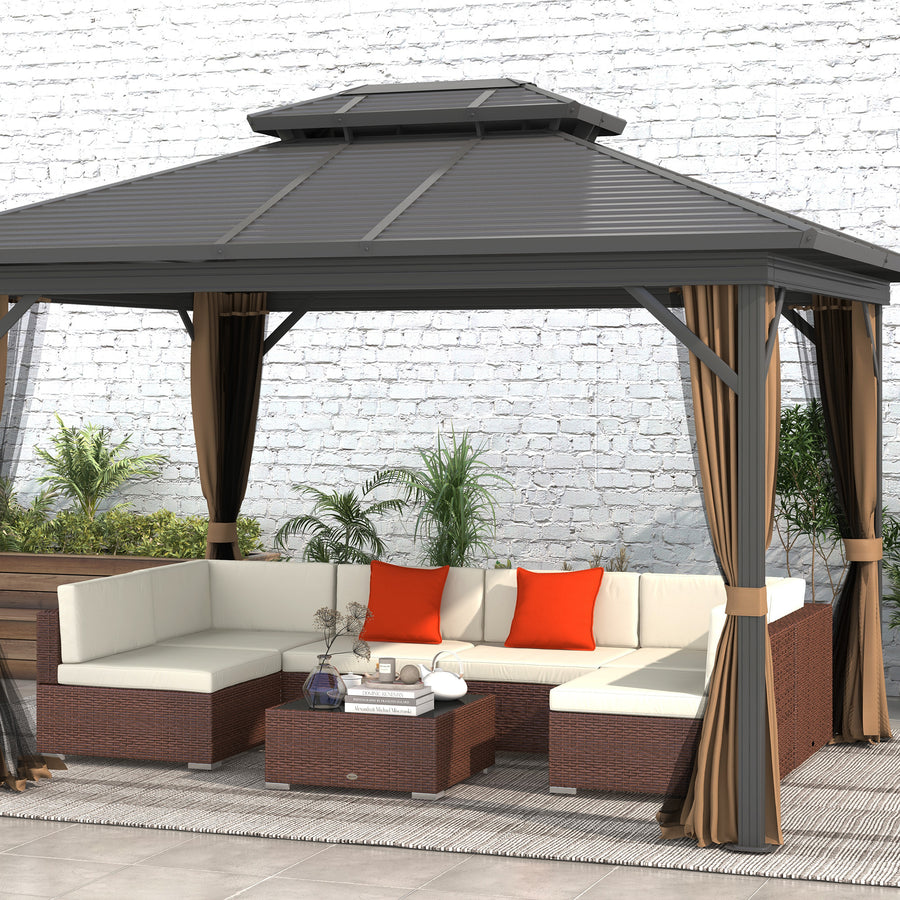 Seven-Piece Rattan Garden Set, with Glass-Top Table - Brown/Beige
