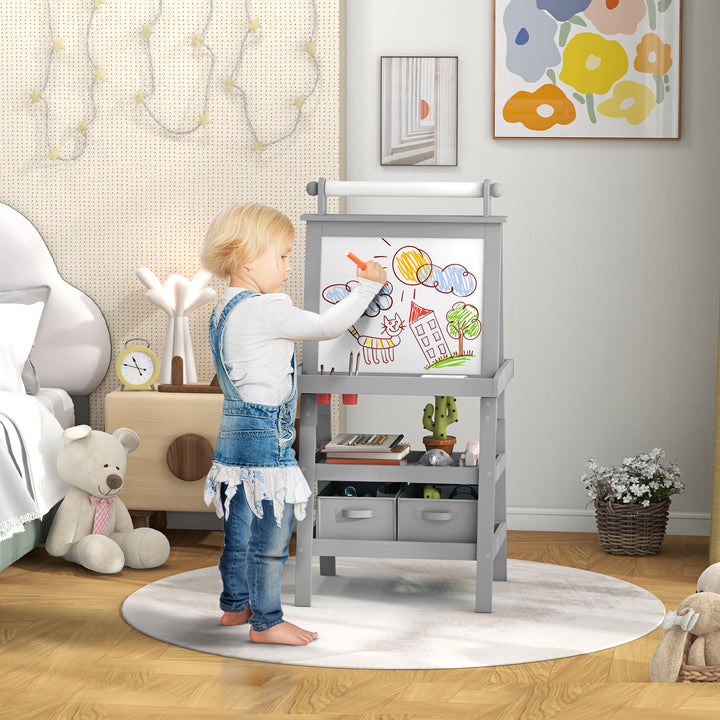AIYAPLAY 3 in 1 Kids Easel Double-Sided Magnetic Whiteboard and Chalkboard with Paper Roll, Storage Baskets
