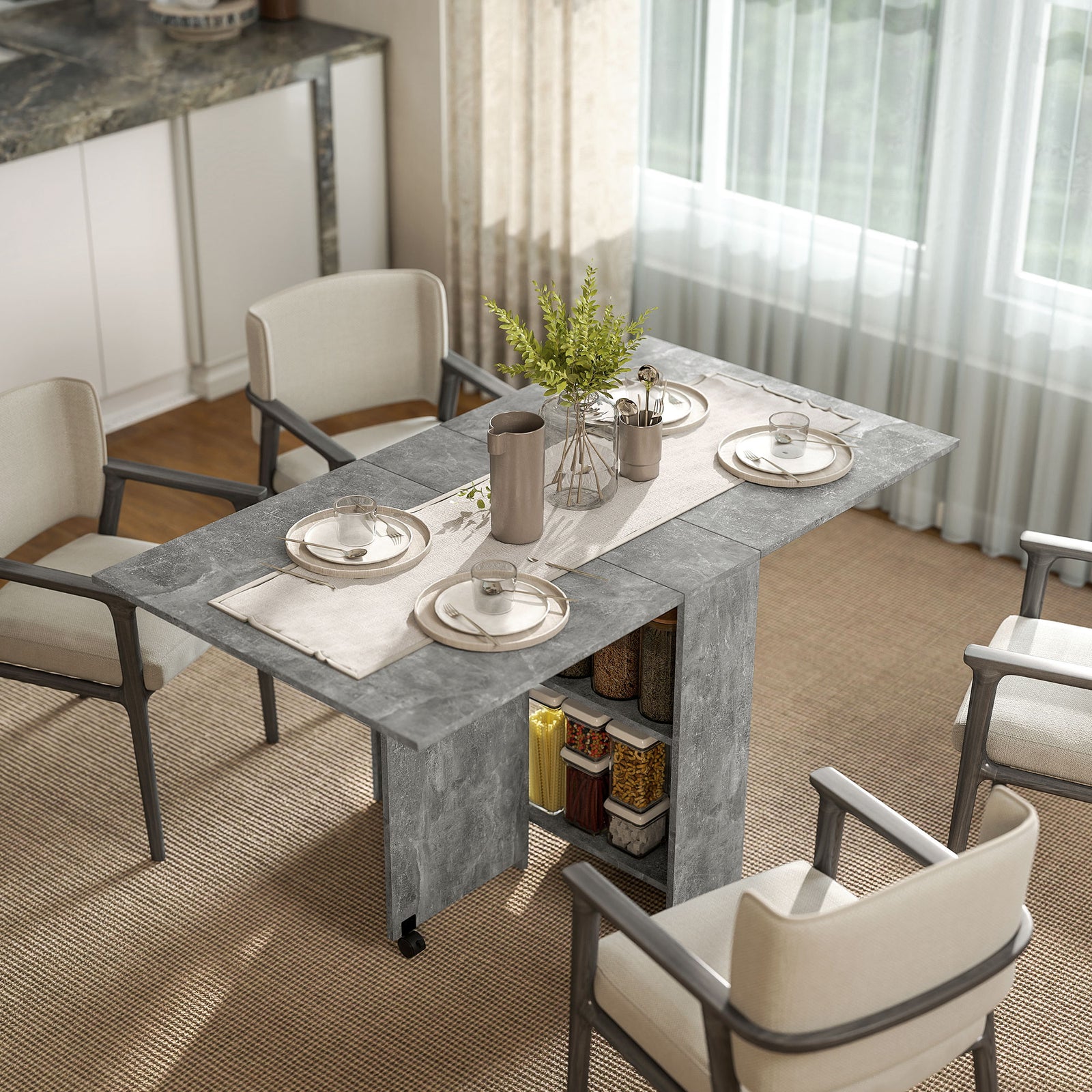 Folding Dining Table, Drop Leaf Table with 2-Tier Shelves, Rolling Casters, for Small Spaces, Kitchen, Cement Grey