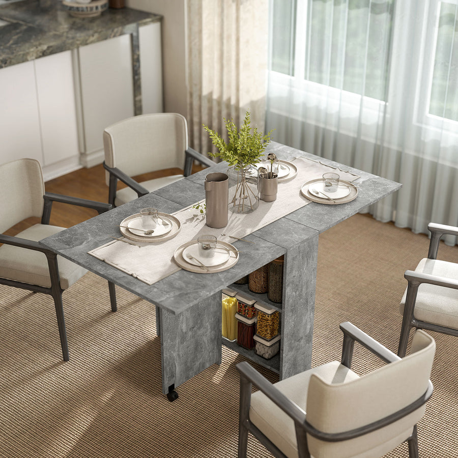 Folding Dining Table, Drop Leaf Table with 2-Tier Shelves, Rolling Casters, for Small Spaces, Kitchen, Cement Grey