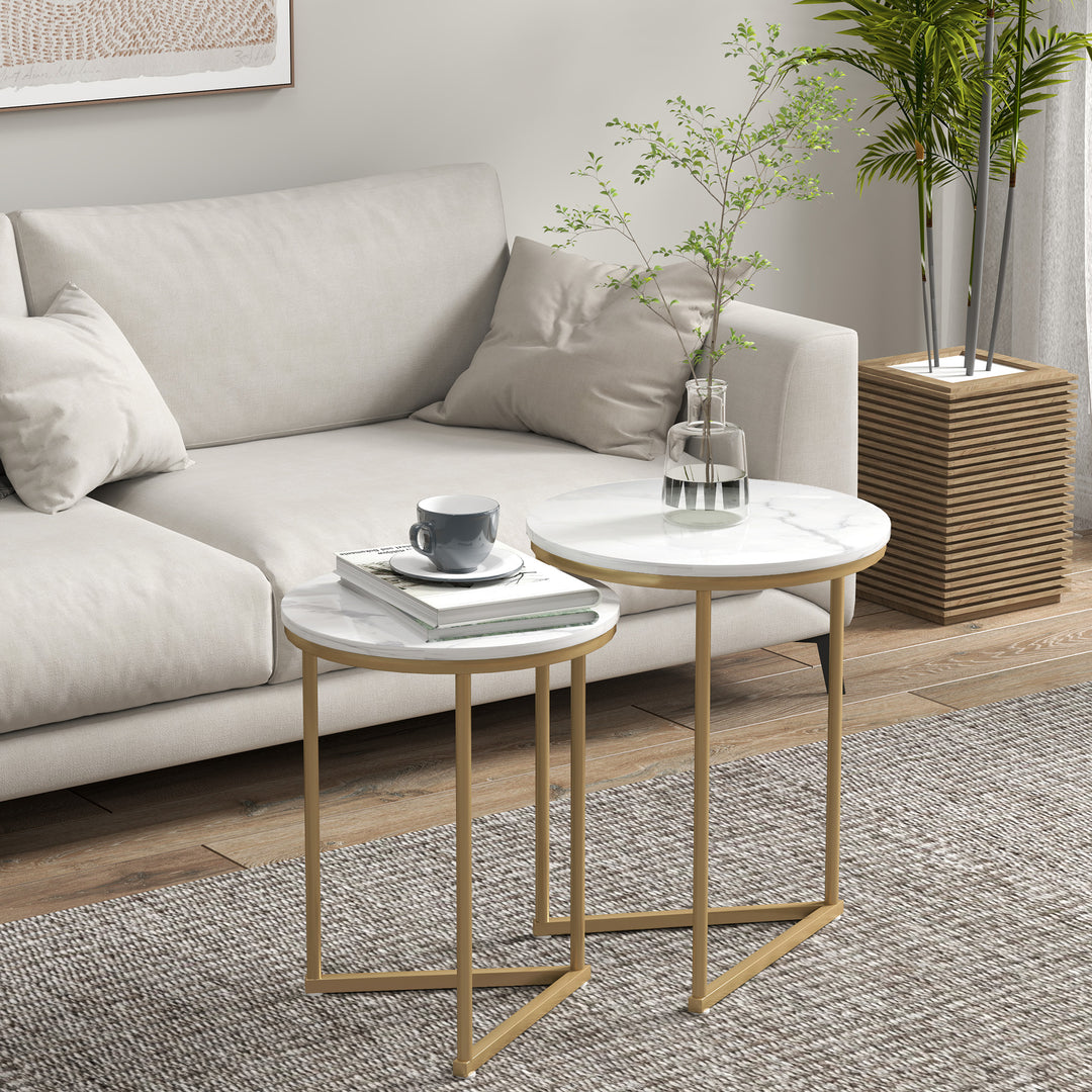 Set of Two Marble-Effect Nest of Tables - White/Gold-Tone