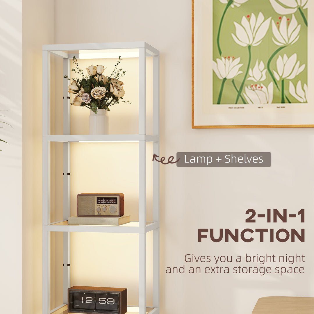 LED Floor Lamp with Glass Shelves, 4 Layers Dimmable Tall Standing Lamp, Modern Column Shelf Floor Light for Living Room, Bedroom, Office, Grey