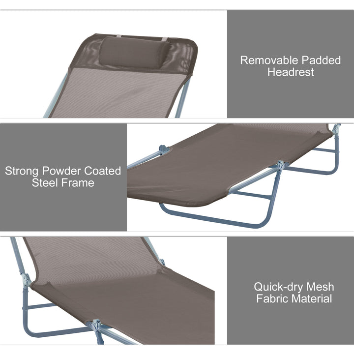 Outdoor Foldable Sun Lounger, Adjustable Backrest Garden Recliner Sun Lounger Chair with Headrest Pillow, Coffee