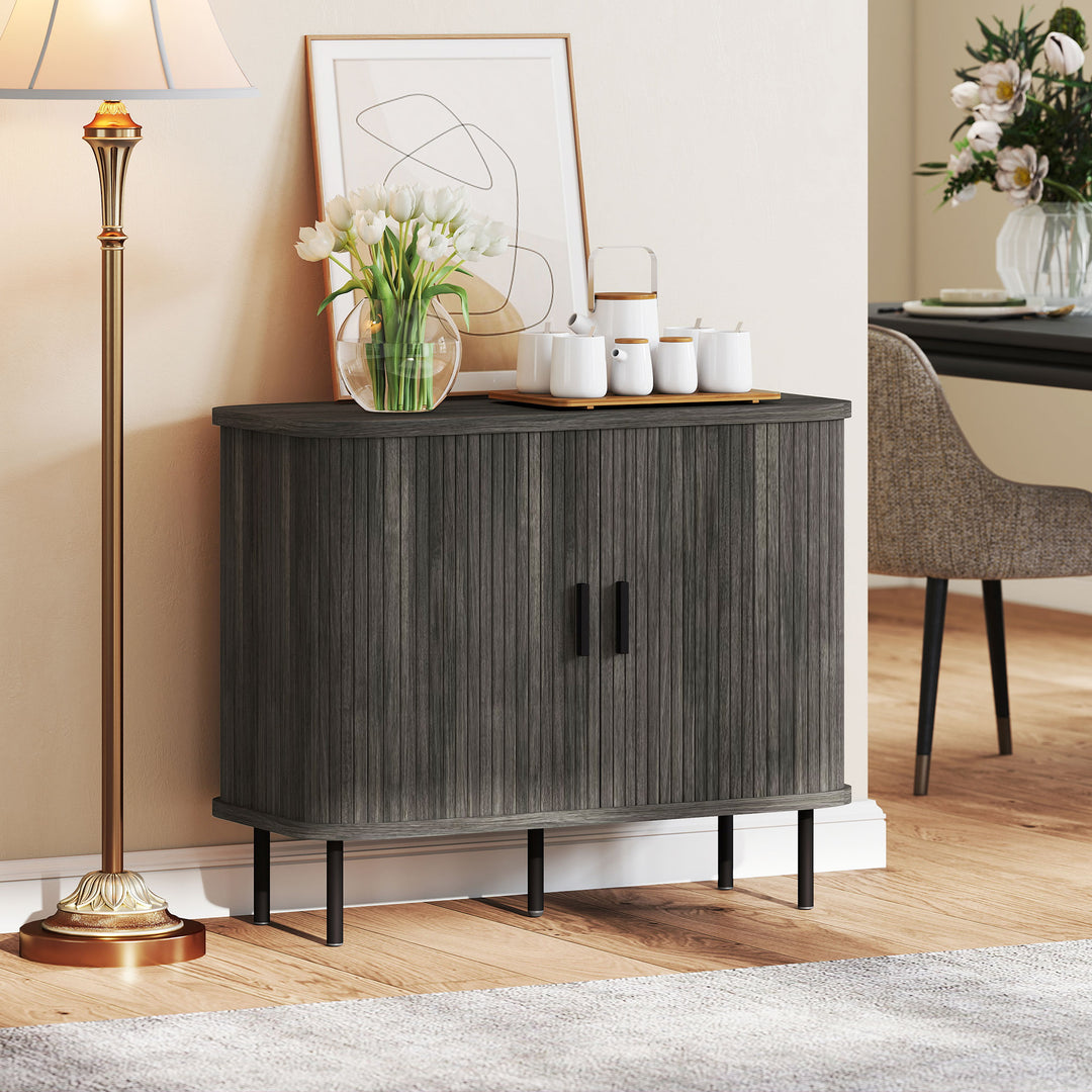 Mid-Century Modern Sideboard Storage Cabinet with Slatted Tambour Sliding Doors, Kitchen Cabinet with Steel Legs, Grey