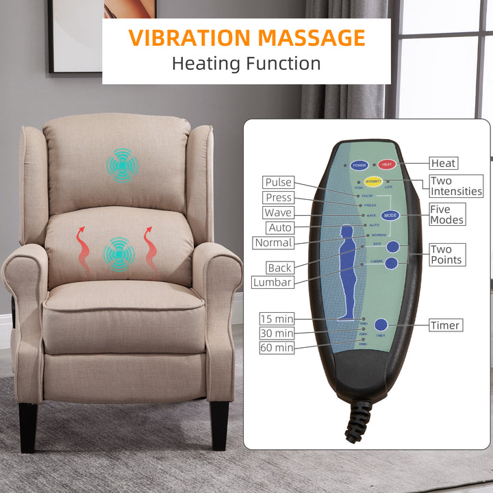 Heated Massage Reclining Armchair Thick Sponge Padded Linen Upholstery Metal Wood Frame Home Luxury Relaxation Beige