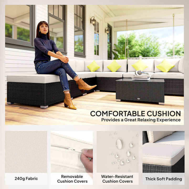 MCL 8 Piece Rattan Corner Sofa Set with Wide & Deep Seat, Assembled Aluminium PE Rattan Garden Furniture Set with Thick Cushions and Glass Top Table for Outdoor, Conservatory, Black