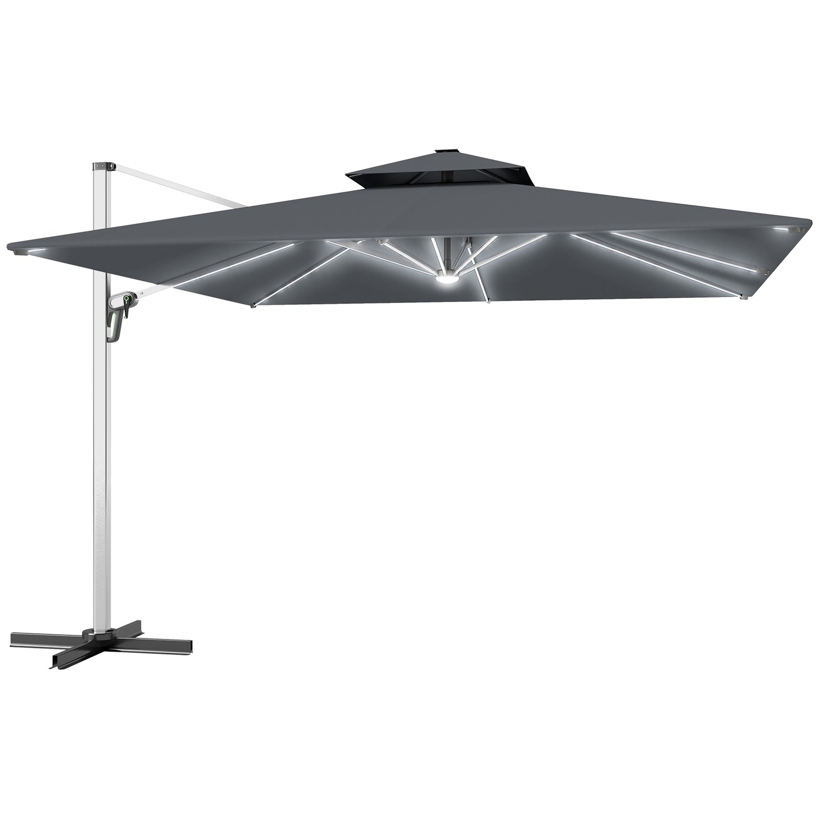 3(m) Garden Cantilever Parasol with Solar LED Lights, Cross Base, 360° Rotation, Crank Handle and Tilt, Grey