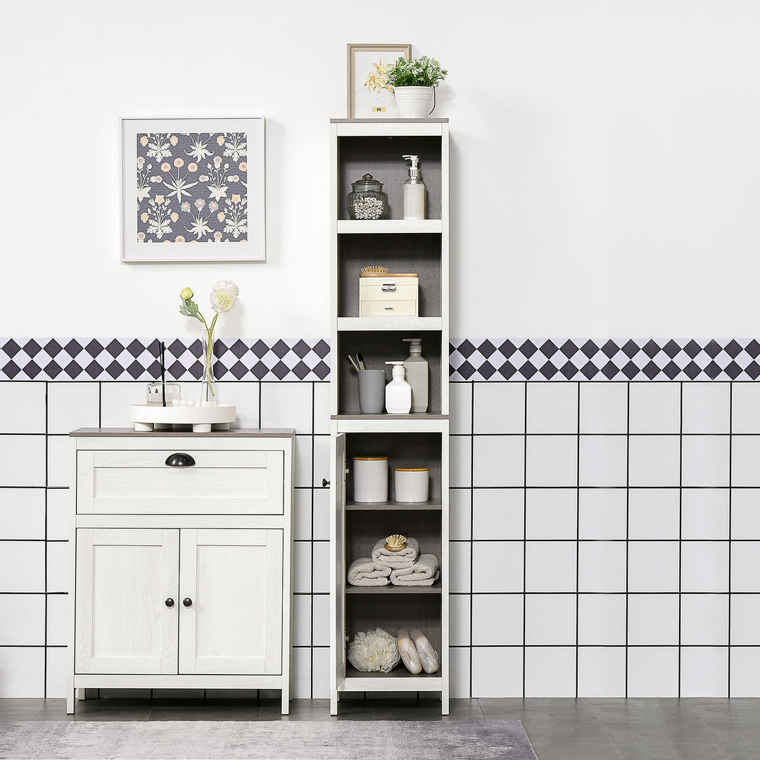 Bathroom Furniture Set with Adjustable Shelves, 6-Tier Tall Bathroom Storage Cabinet, Floor Cabinet with Drawer, Under Sink Cabinet, Antique White