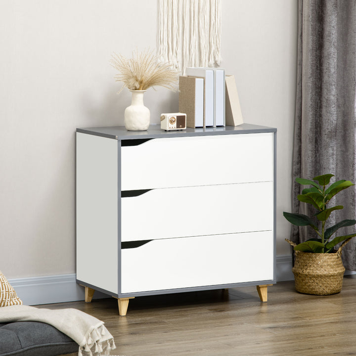 HOMCOM 3-Drawer Chest: Pine Wood Legs, Spacious Bedroom & Lounge Storage Cabinet, 75cm x 42cm x 75cm, White | Aosom UK