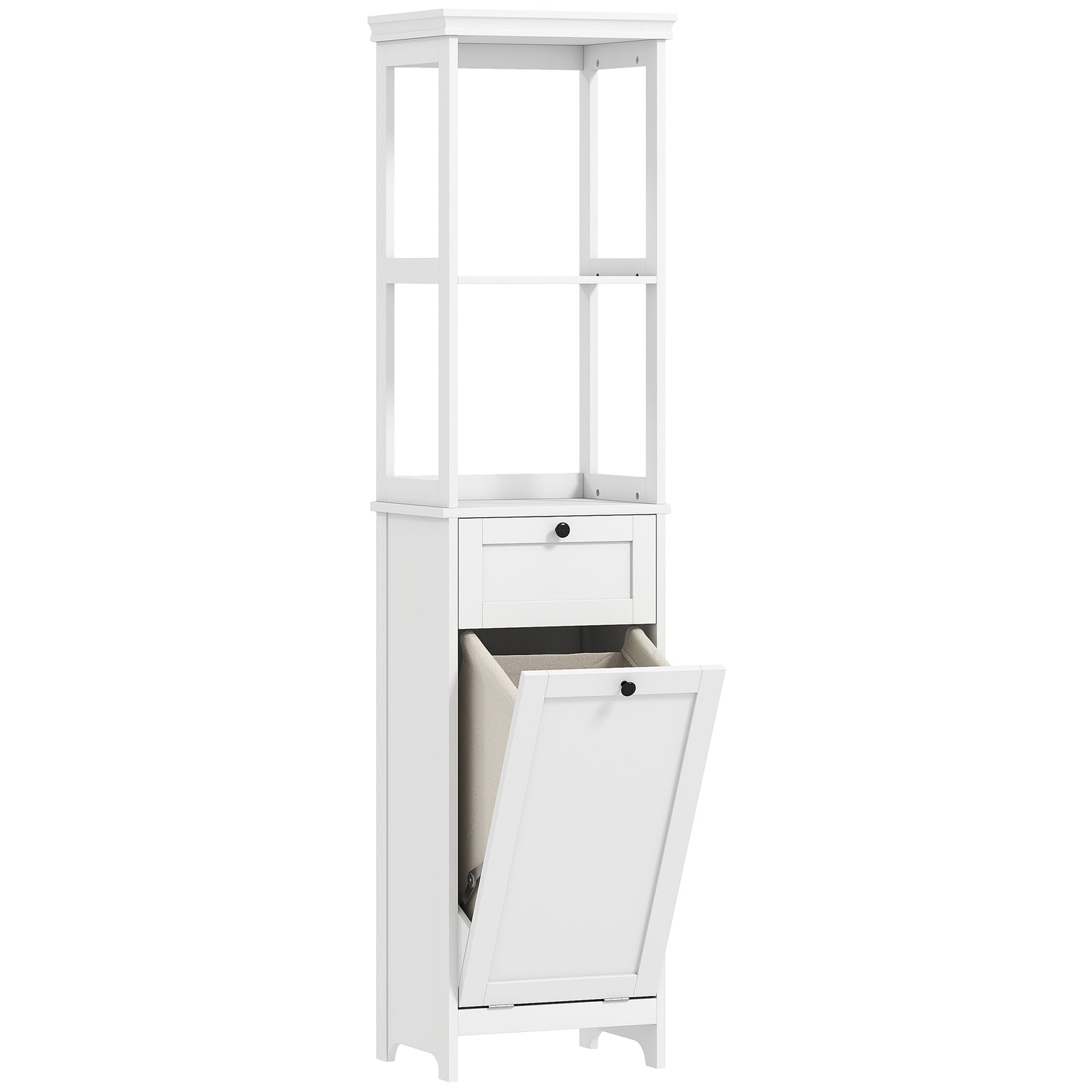 Tall Bathroom Cabinet, with Laundry Basket - White