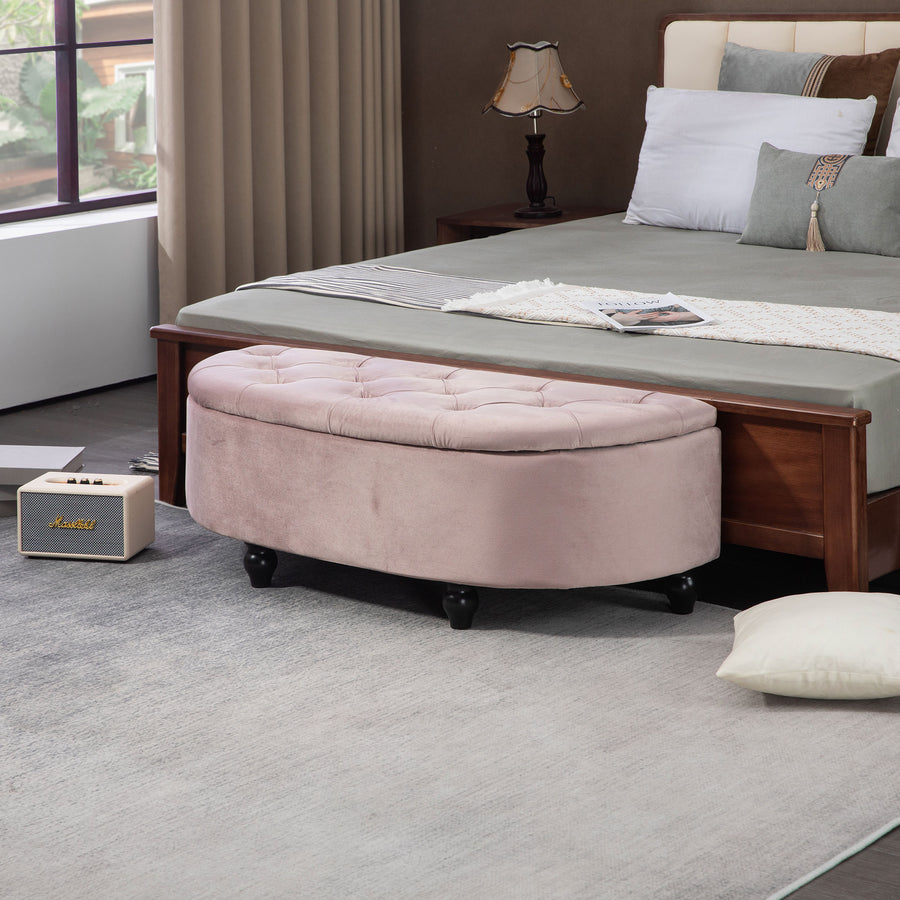 Semi-Circle Ottoman Storage Bench, Bed End Bench, Tufted Upholstered Window Seat Footrest Stool with Rubberwood Legs for Bedroom & Entryway, 120 x 46 x 42 cm, Pink