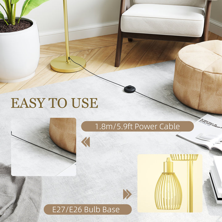 3-Light Floor Lamp, 170cm Industrial Dimmable Standing Lamp with Steel Wire Cage Lampshades for Living Room, Bedroom, Dining Room, Study, Gold Tone