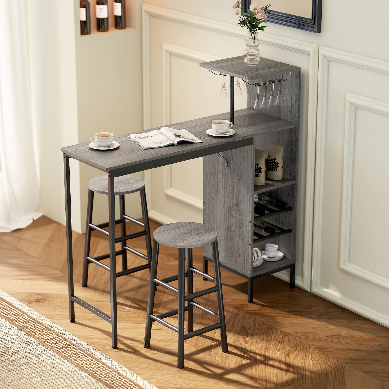 3 Pieces Dining Room Set, 2 Round Stools with Footrest, 6-Tier Dining 