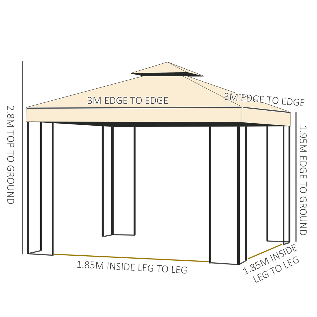 3(m) x 3(m) Garden Gazebo, Double Roof Outdoor Gazebo Canopy Shelter with Netting, Solid Steel Frame, for Garden, Lawn and Deck, Beige