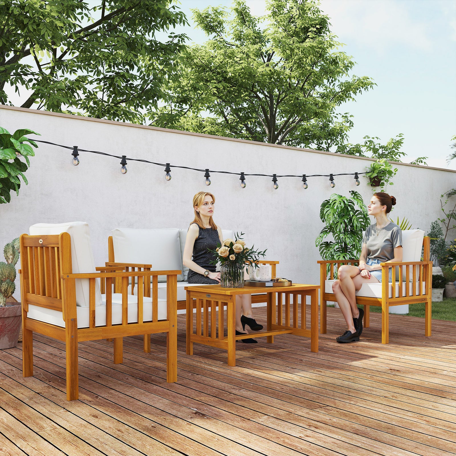 Four-Piece Acacia Wood Garden Sofa Set - Teak/Cream