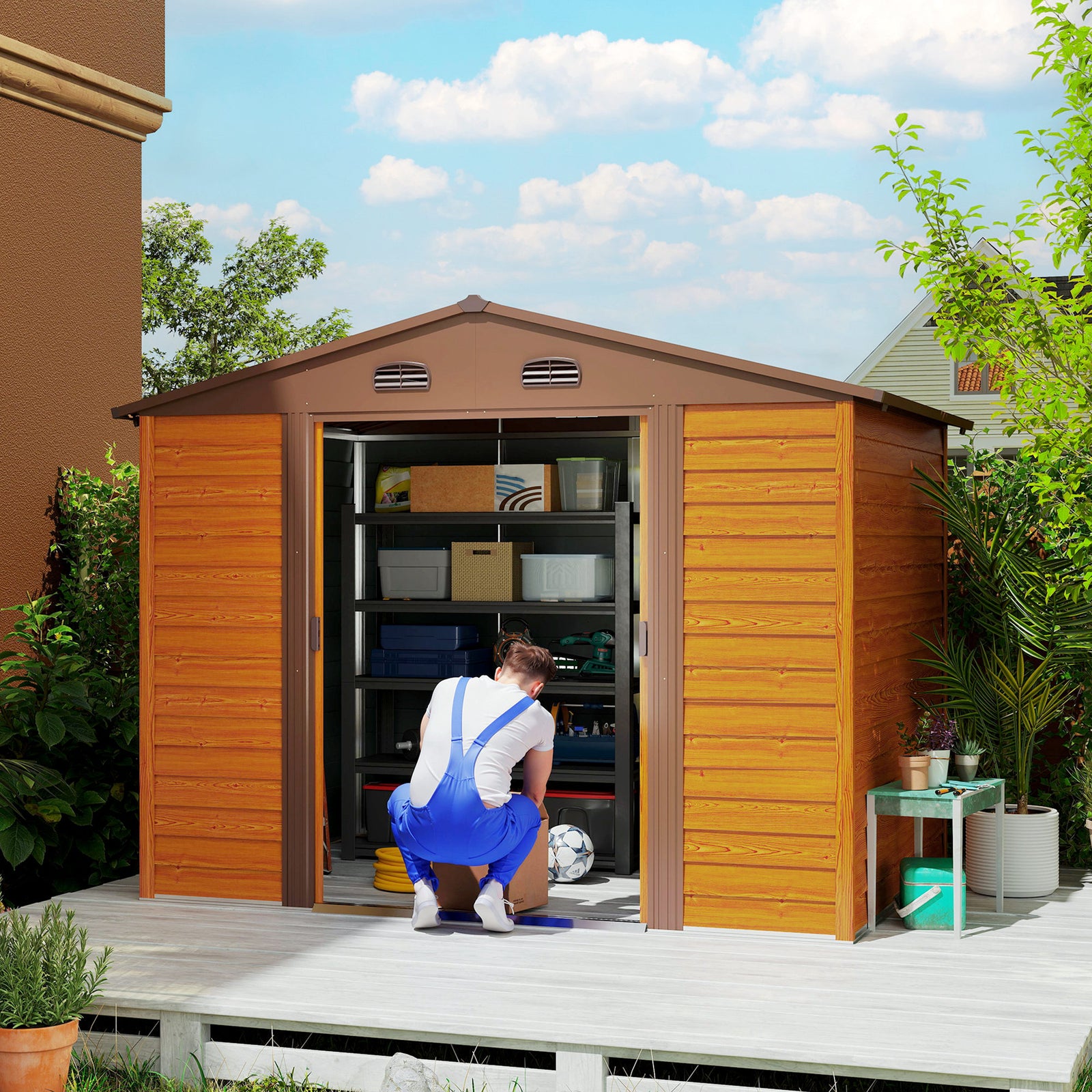 9 x 6ft Metal Garden Shed, House Hut Gardening Tool Storage with Ventilations, Sliding Door, Sloped Roof for Garden, Patio, Brown