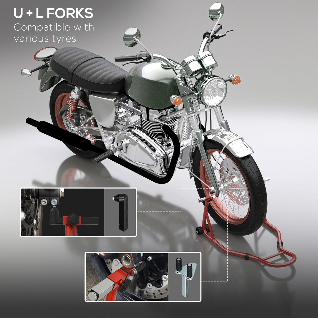 Front Motorcycle Paddock Stand Motorbike Stand with Anti-Slip Mat, U-Shaped and L-Shaped Adapters, 200 kg Capacity, for 18", 17" and 10" Tyre, Red