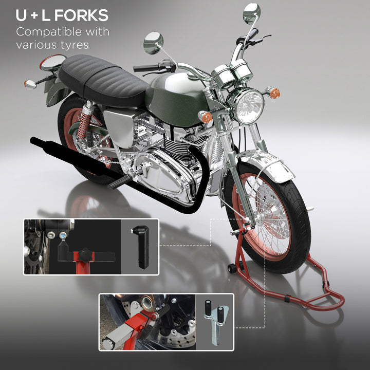 Front Motorcycle Paddock Stand Motorbike Stand with Anti-Slip Mat, U-Shaped and L-Shaped Adapters, 200 kg Capacity, for 18", 17" and 10" Tyre, Red