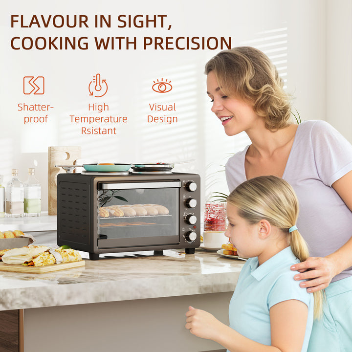 28L Mini Oven with 2 Hot Plates, Countertop Toaster Oven, Grill, Roast, Bake, Boil, with Timer, Adjustable Temperature, Electric Oven with Baking Tray, Grill Rack, Crumb Tray, 2600W, Black