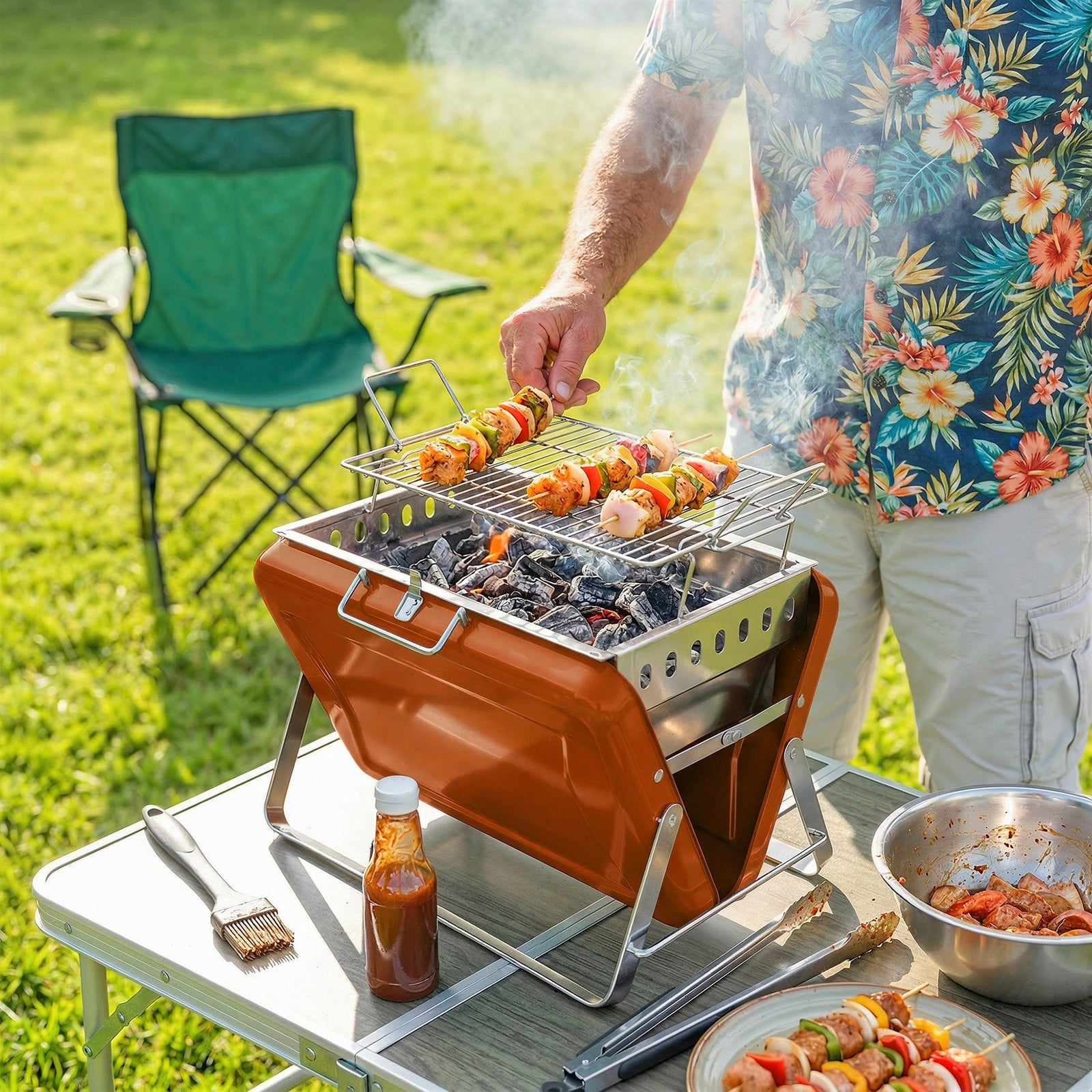 Charcoal BBQ Grill Portable Stainless Steel Barbecue with Tilting Grat