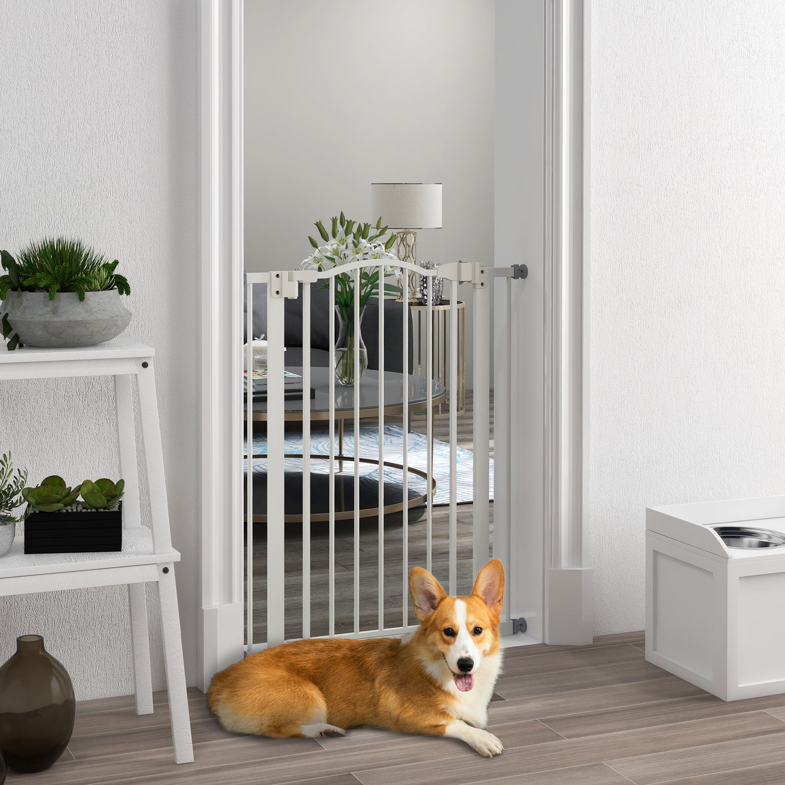 Pressure Fit Dog Stair Gate No Drilling Safety Gate Auto Close for Doorways, Hallways, 74-80cm Adjustable, 94cm Tall, White