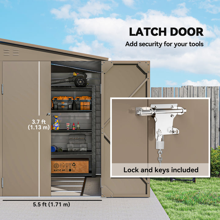 5 x 9ft Galvanised Metal Garden Shed with Foundation Kit, Outdoor Lean-to Shed, Tool Storage House with Lockable Doors, Gloves and 2 Air Vents for Patio, Garden, Brown