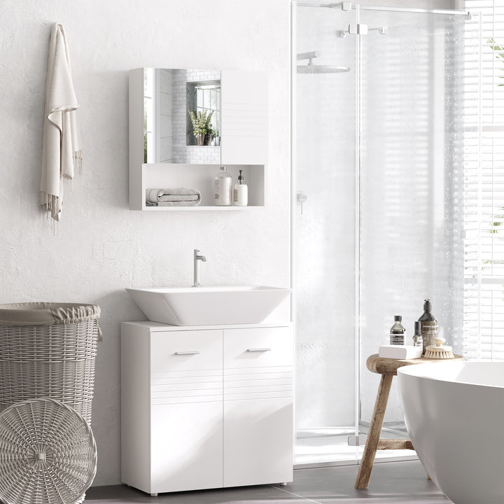 Bathroom Mirror Cabinet Wall-Mounted Storage w/ Double Door Adjustable Shelf - White