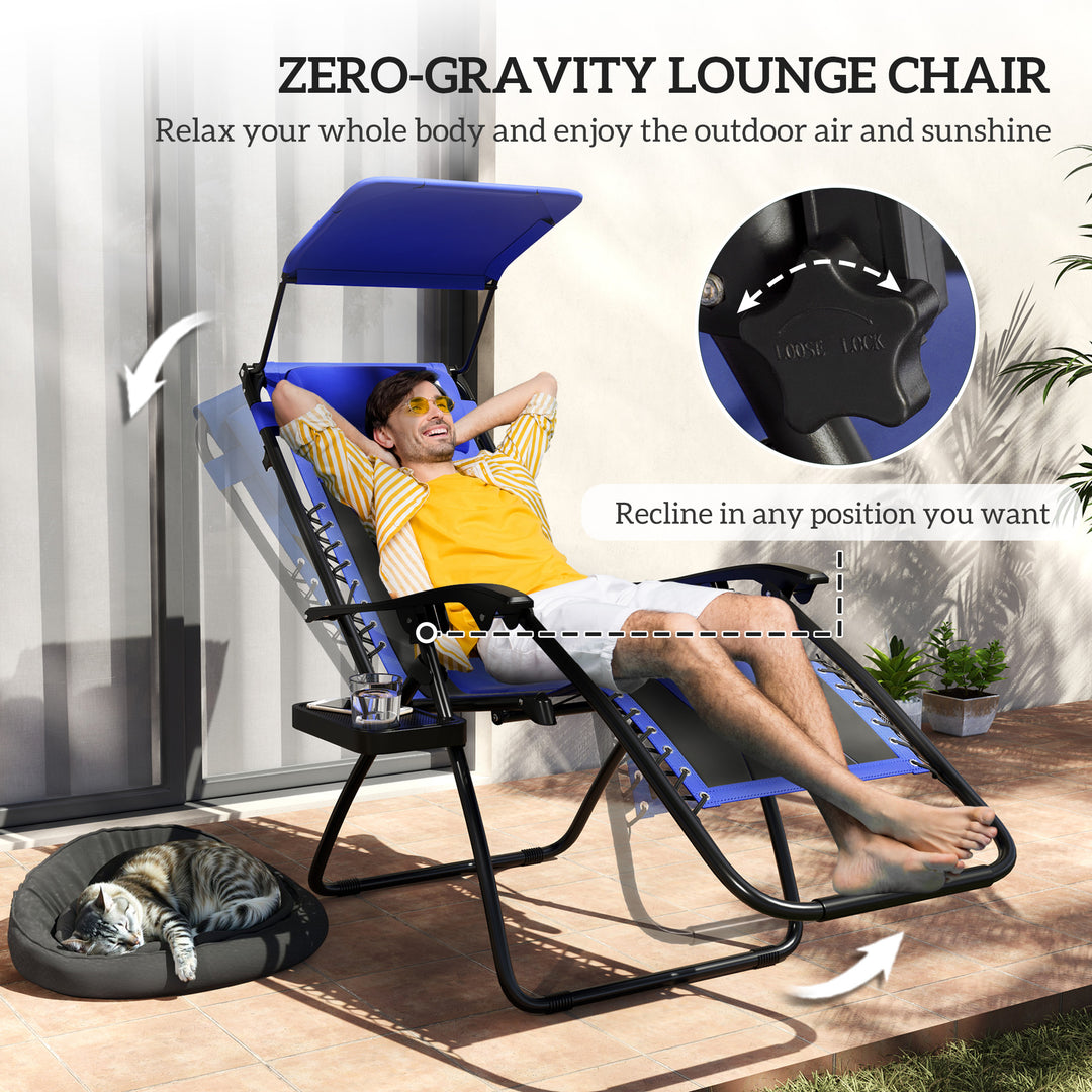 Zero Gravity Lounger Chair Set of 2, Folding Reclining Patio Chair with Shade Cover, Cup Holder, Soft Cushion and Headrest for Poolside, Camping, Blue