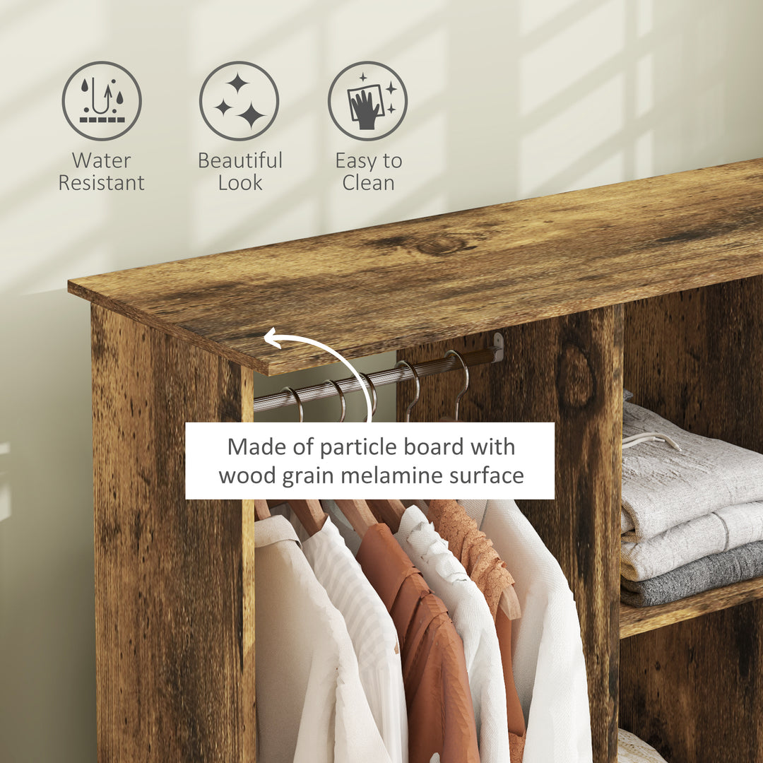 Open Wardrobe Double Mobile Storage Shelves Organizer W/6 Wheels-Rustic Brown