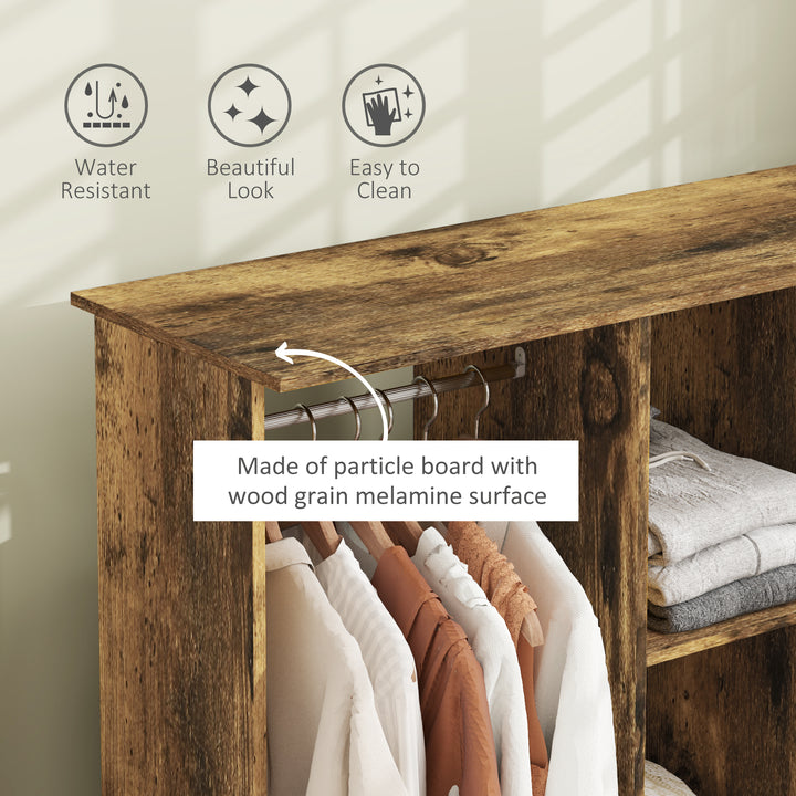 Open Wardrobe Double Mobile Storage Shelves Organizer W/6 Wheels-Rustic Brown