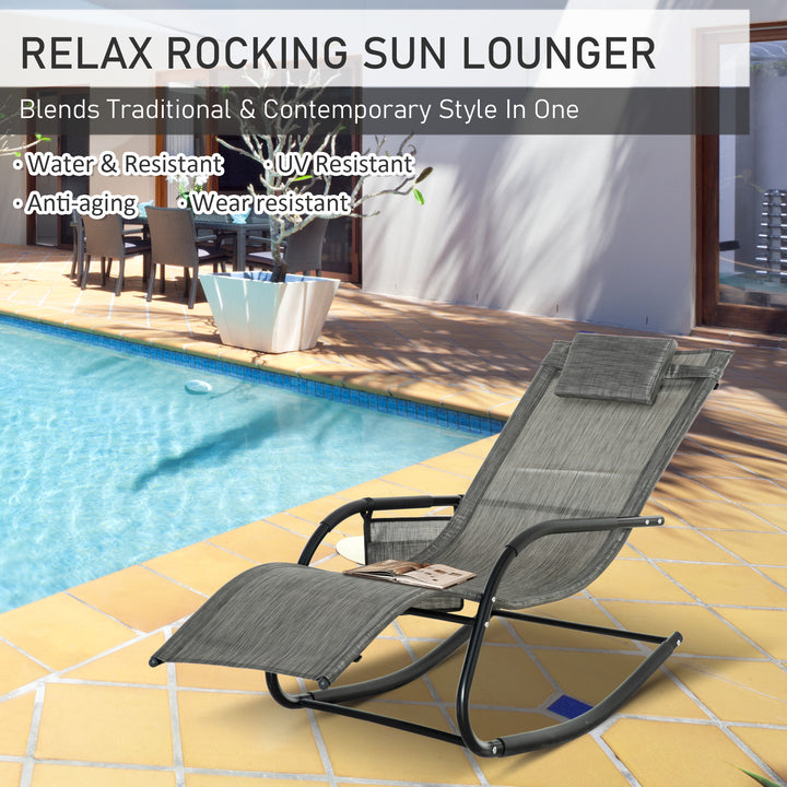 2PCs Outdoor Garden Rocking Chair, Patio Sun Lounger Rocker Chair with Breathable Mesh Fabric, Removable Headrest Pillow, Armrest, Side Storage Bag, Dark Grey
