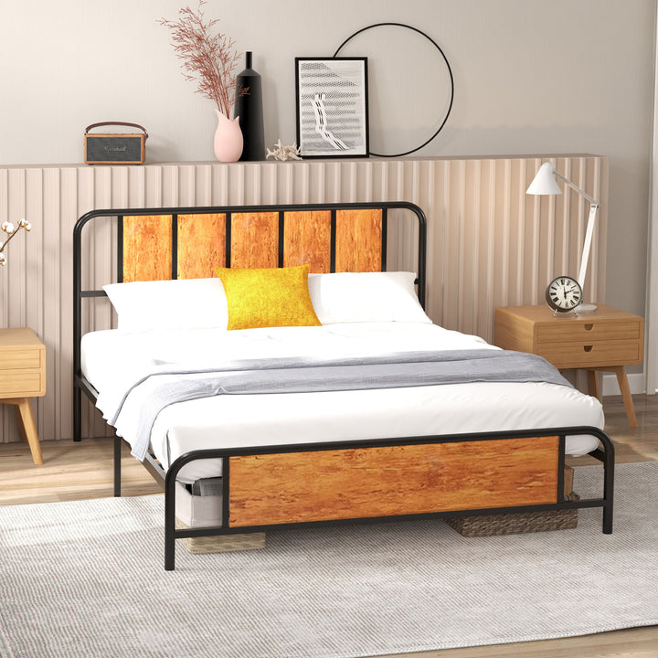 5.2ft King Bed Frame with Industrial Wood Headboard, Steel Slat Support and 31cm Underbed Storage Space, 160 x 207cm, Rustic Brown