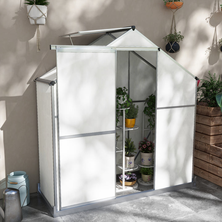 Outsunny 6 x 2.5ft Polycarbonate Greenhouse Walk-In Green House with Rain Gutter, Sliding Door, Window, Foundation, Silver