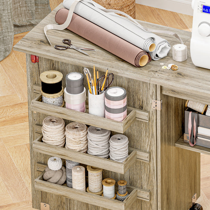 Folding Sewing Table, Drop Leaf Craft Table with Storage Bins, Open Shelf and Wheels, Rolling Sewing Machine Cabinet Computer Desk for Small Space, Grey