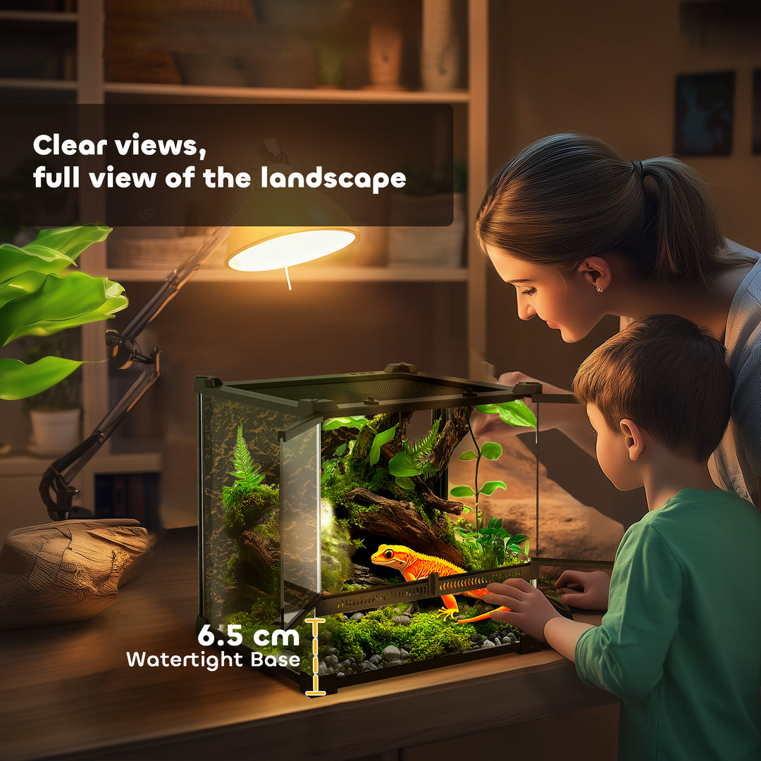 Reptile Glass Terrarium with Stone Background, Front Ventilation, Escape-Proof Knob Lock, 30 x 30 x 30 cm, Black