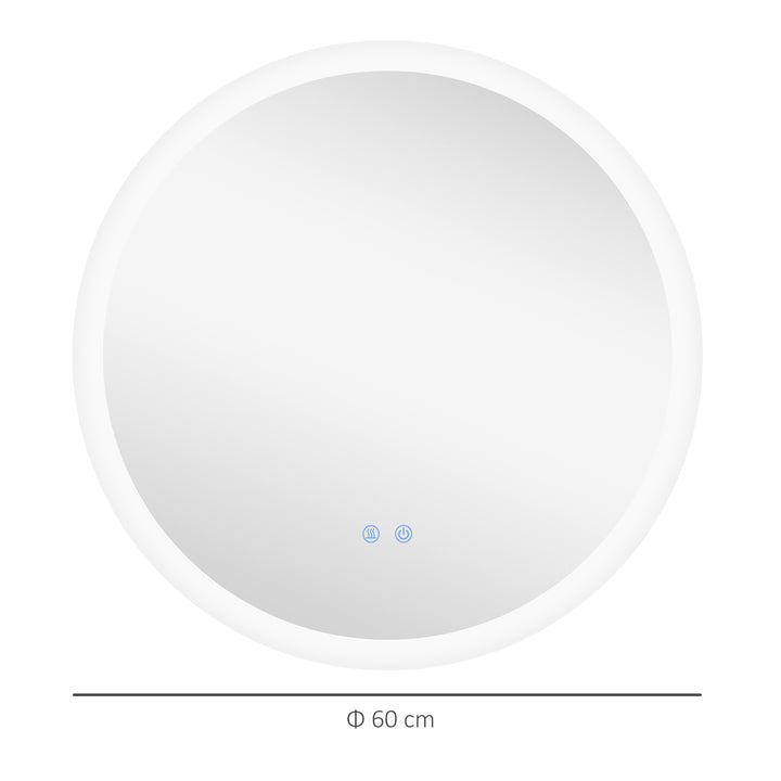 Round Bathroom Mirror with LED Lights, Wall-Mounted Dimmable Makeup Mirror with 3 Temperature Colours, Defogging Film, Memory Function, Hardwired, 60 x 60 cm