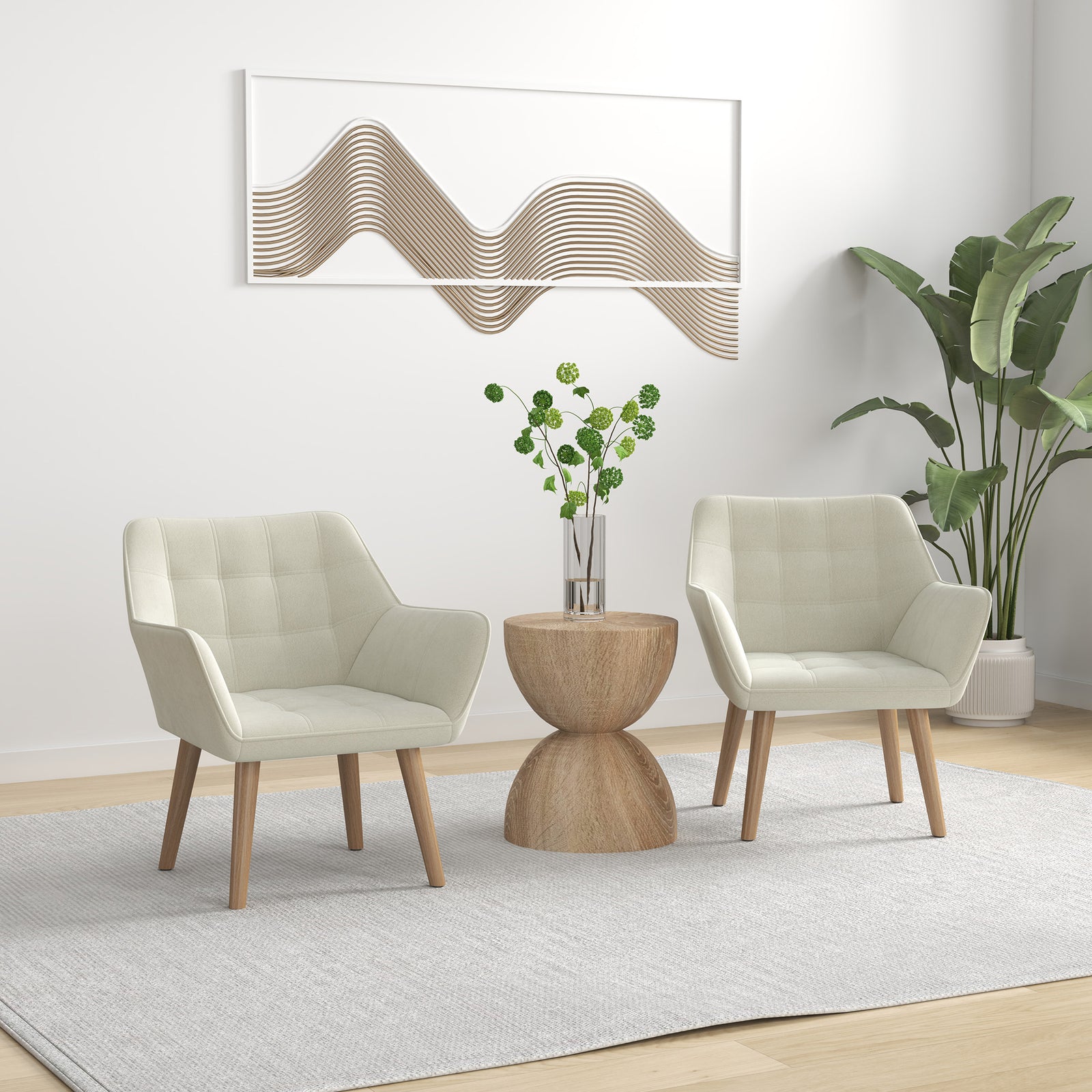 Set of 2 Accent Chair, Arm Chair with Slanted Back, Thick Padding and Rubber Wooden Legs for Living Room, Cream White