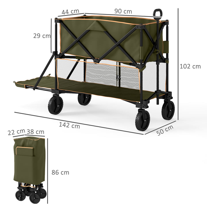 Double Decker Folding Festival Trolley on Wheels, 200KG & 350L Capacity Collapsible Wagon Festival Trolley Cart with 134cm Extended for Camping Sports Shopping Garden and Beach, Grey