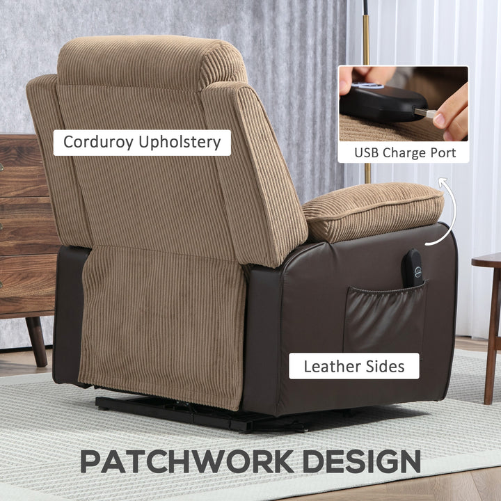 Power Lift Recliner Chair for Elderly, Patchwork Design Oversized Electric Riser and Recliner Armchair for Living Room with Remote Control, USB Port and 2 Side Pockets, Brown