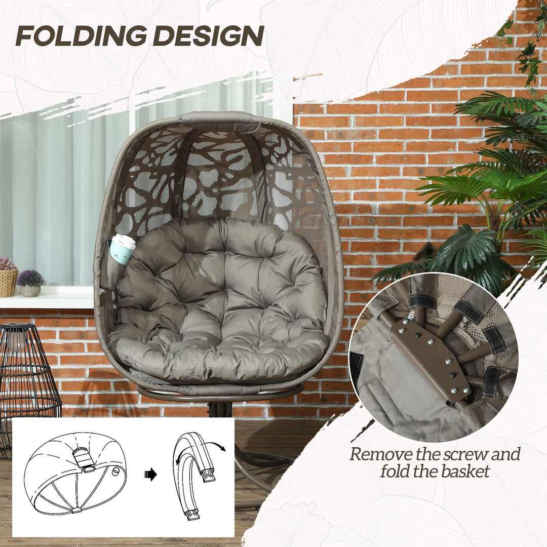 Swivel Egg Chair with Cushions, Foldable Basket Seat and Metal Frame, Indoor Outdoor Lounge Chair for Balcony, Poolside, Patio and Living Room, Sand Brown