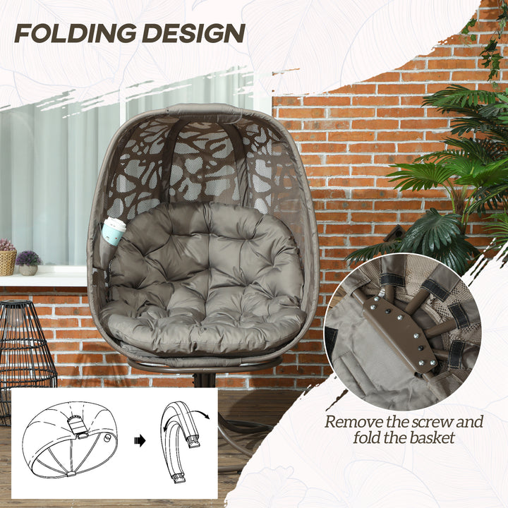 Swivel Egg Chair with Cushions, Foldable Basket Seat and Metal Frame, Indoor Outdoor Lounge Chair for Balcony, Poolside, Patio and Living Room, Sand Brown