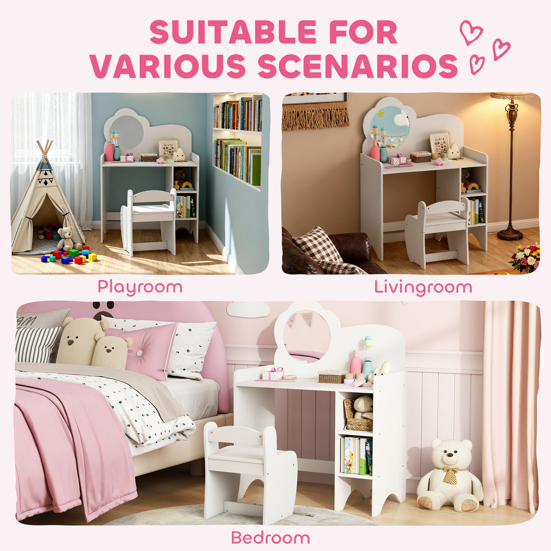 Kids Dressing Table with Mirror, Stool, Kids Vanity Table with Shelves, for Ages 3-8 Years