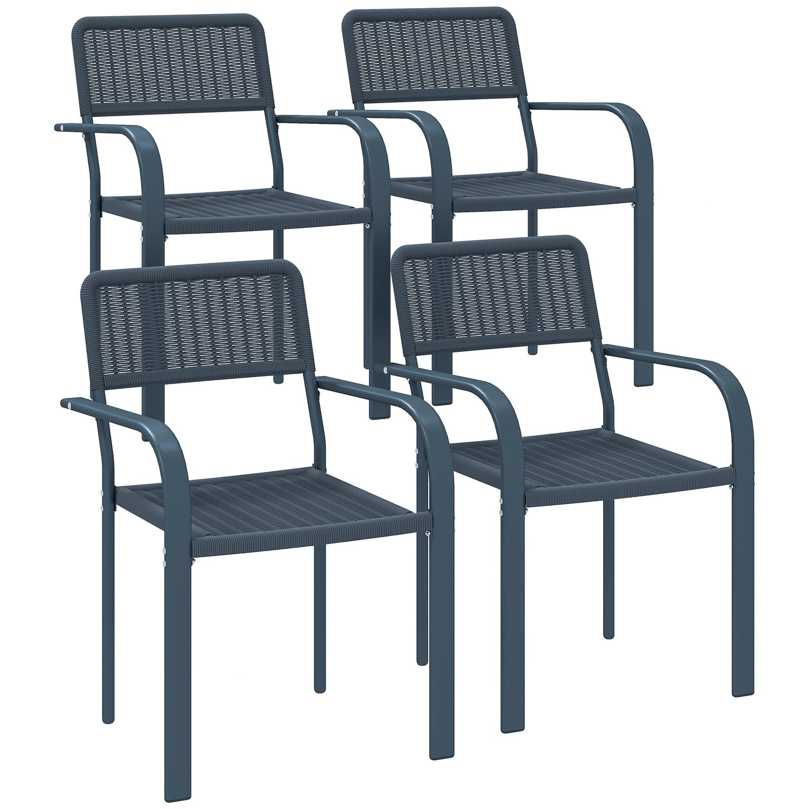Garden Chairs Set of 4, Stackable Rattan Effect Dining Chairs with Armrest, Weather Resistant and Lightweight Outdoor Furniture Armchairs for Patio, Balcony, Terrace, Dark Grey