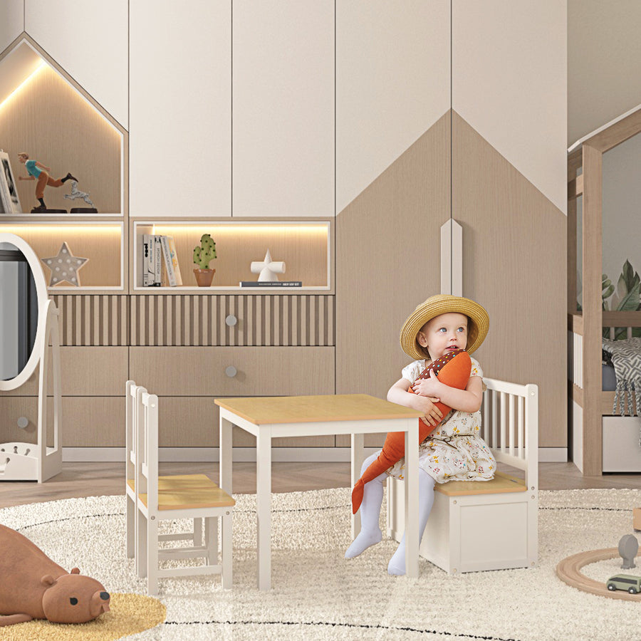4-Piece Kids Table and Chair Set with 2 Wooden Chairs, 1 Storage Bench, and Interesting Modern Design, Beige/White