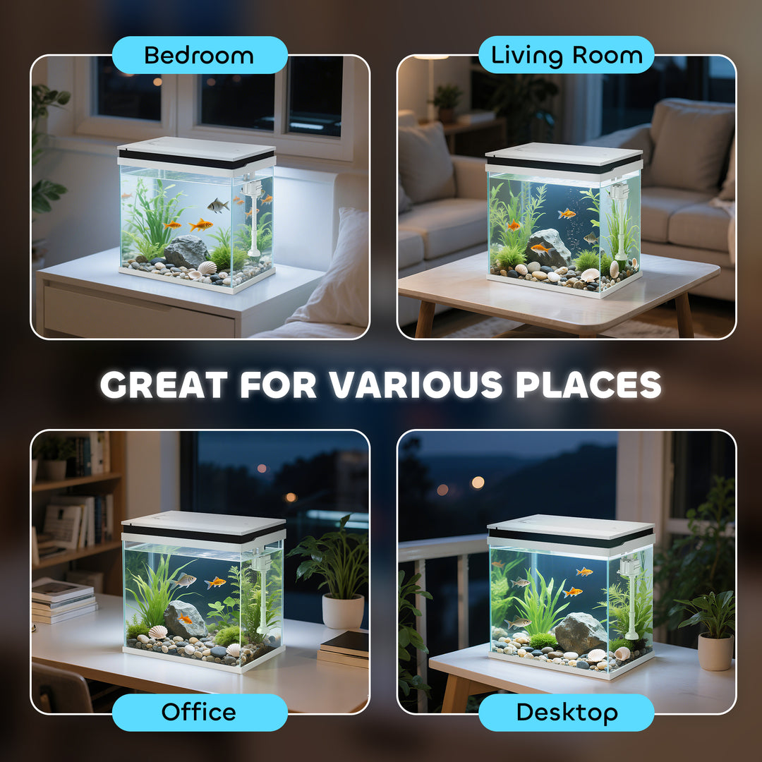 26L Glass Fish Tank With Filter System, LED Lights, Water Pump, White