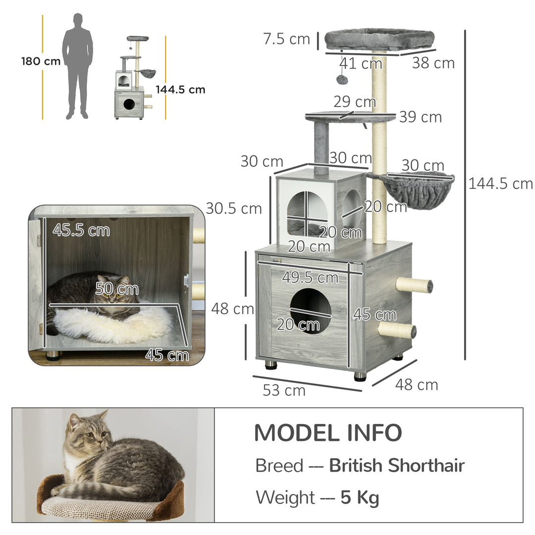 PawHut Enclosed Cat Litter Box with Cat House, Cat Bed, Scratching Posts, Platforms for Indoor Cats Use, Grey