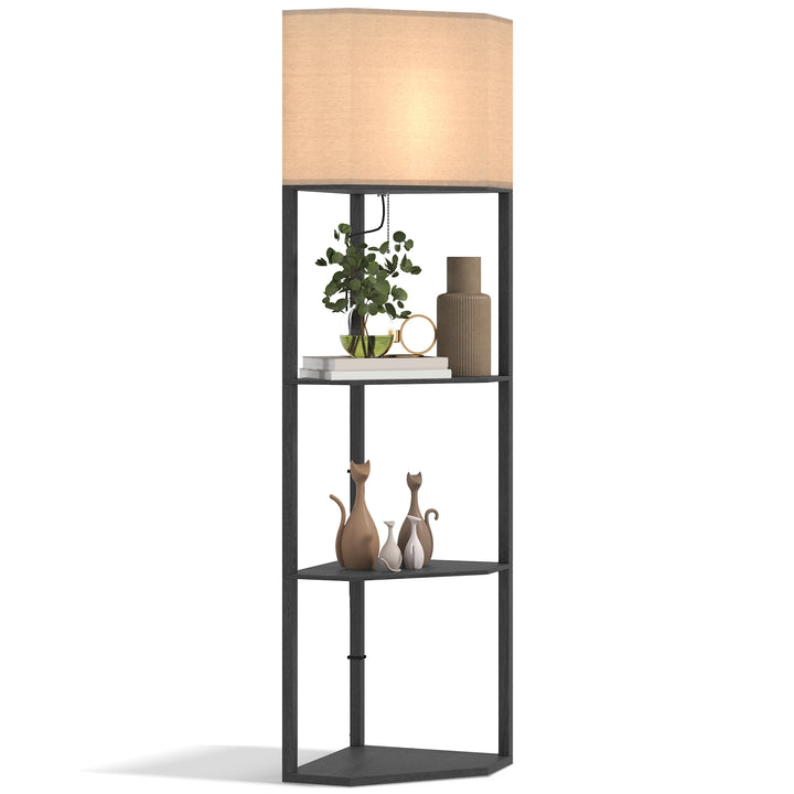 Corner Floor Lamp with Shelves, Modern Tall Standing Lamps for Living Room, Bedroom, with Chain Switch Bulb not Included, Black