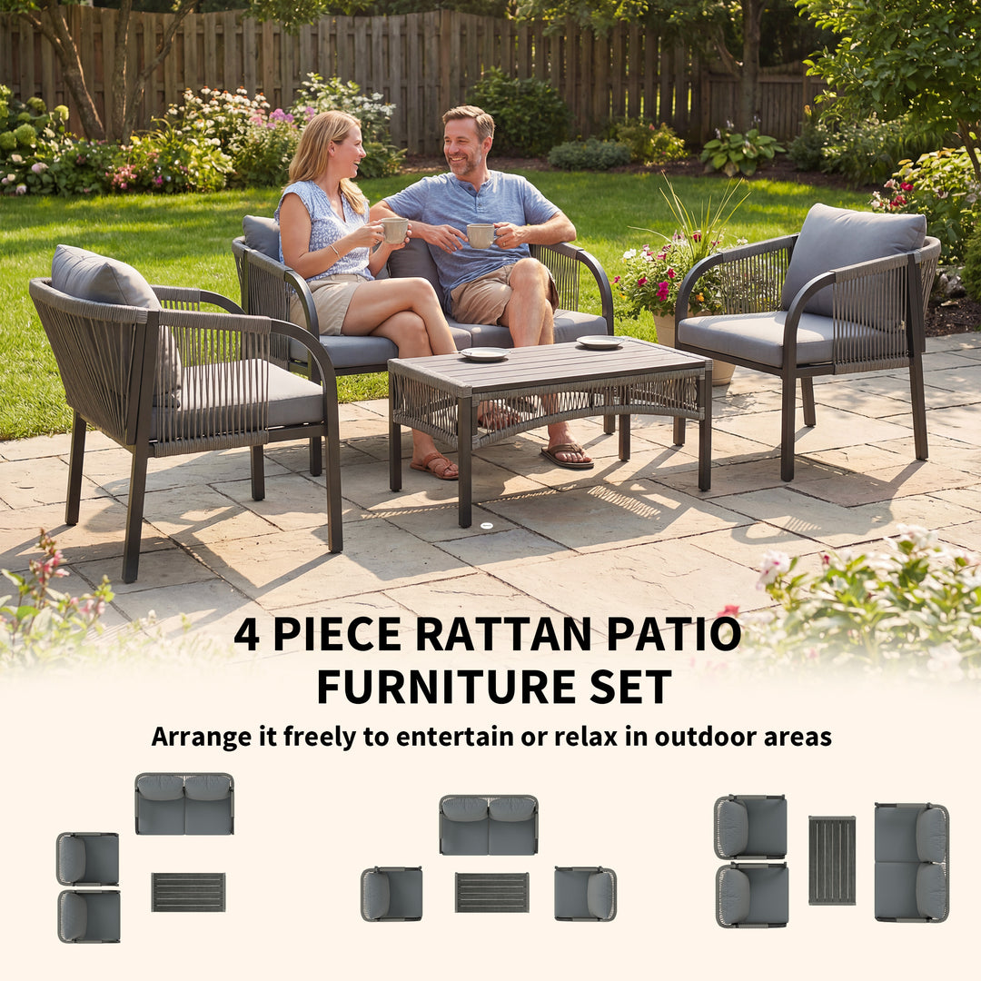 4 Piece Rattan Garden Furniture Set with Loveseat, Armchairs, Table, S