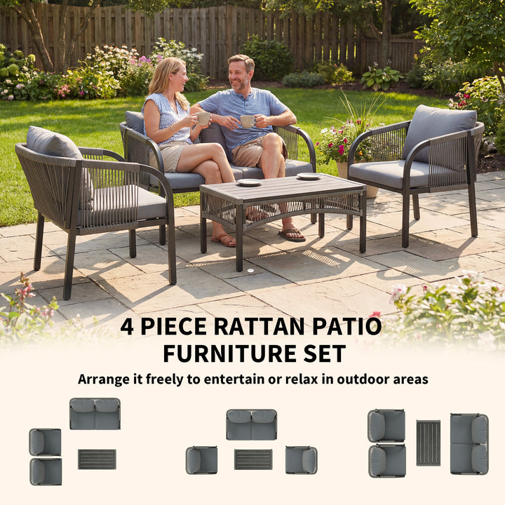 4 Piece Rattan Garden Furniture Set with Loveseat, Armchairs, Table, S