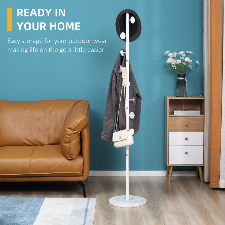 Coat Rack Free Standing Hall Tree with 8 Round Disc Hooks for Clothes, Hats,Purses, Steel Entryway Coat Stand with Marble Base for Entryway, Living Room, Bedroom, White